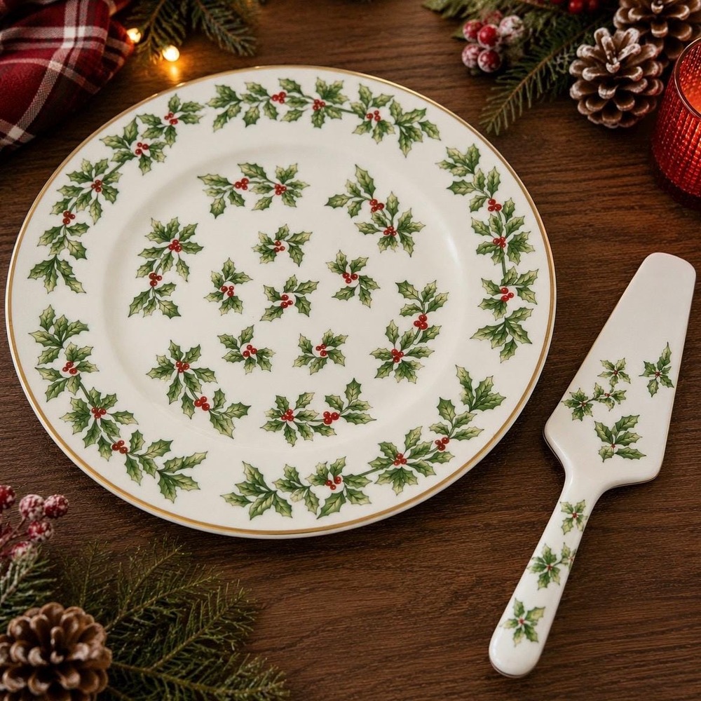 Christmas Holly Cake Plate Server Set VTG Madison & Max Porcelain New Old Stock